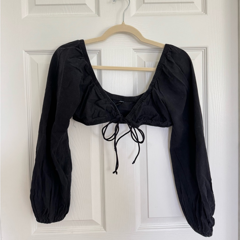 Black Long Sleeve Cropped Women's Tie Top